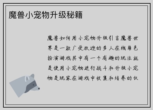 魔兽小宠物升级秘籍